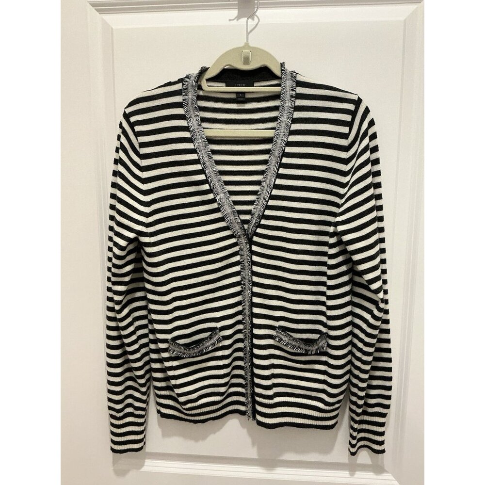 J. Crew Cardigan Large Women’s Black White Stripe Button Up Pockets